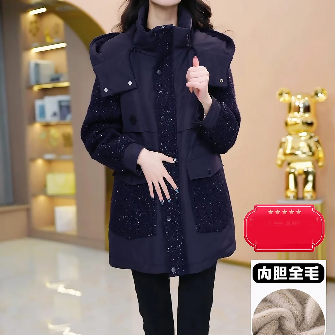 加绒加厚连帽派克服2025新款百搭女士中长款秋冬保暖宽松夹克外套