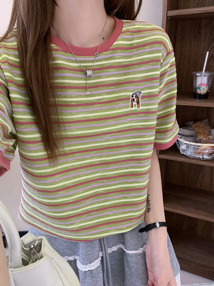 程程甄选 -「条纹控」 长耳狗刺绣条纹韩系简约百搭彩棉条体恤795
