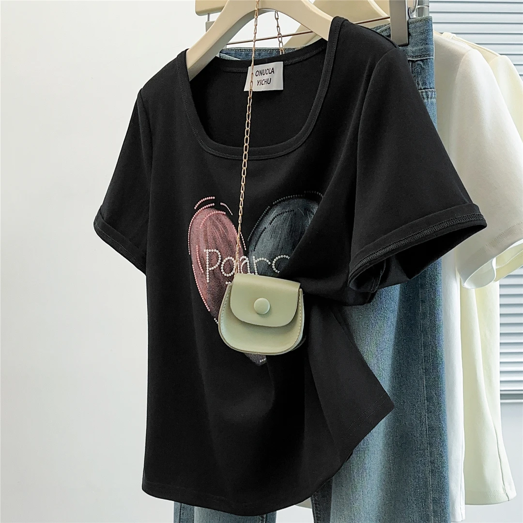 正肩方领短袖t恤女夏季大码女装简约休闲百搭宽松遮肚子显瘦上衣