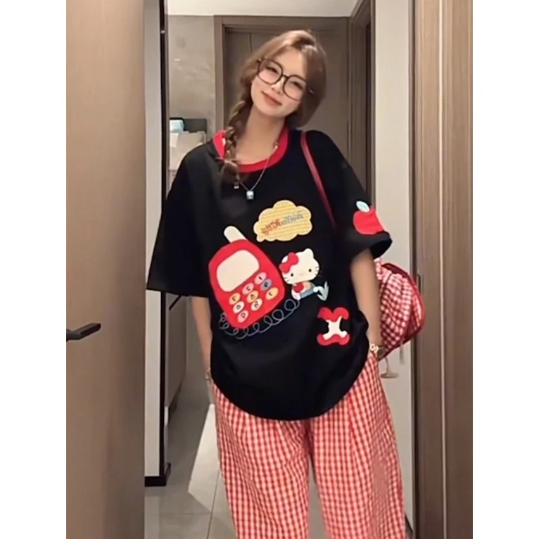 黑色正肩刺绣短袖t恤女夏季大码胖mm显瘦宽松慵懒设计感美式上衣