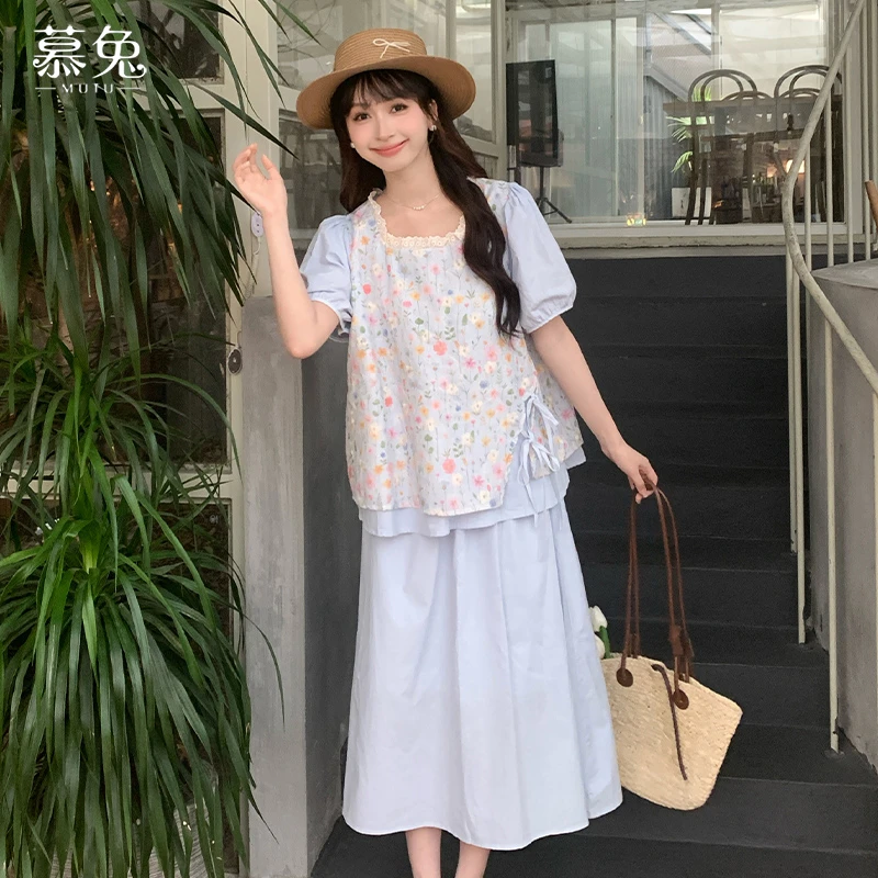 【现货 上衣+裙子】彩色碎花假两件上衣配长裙多巴胺穿搭设计两件套