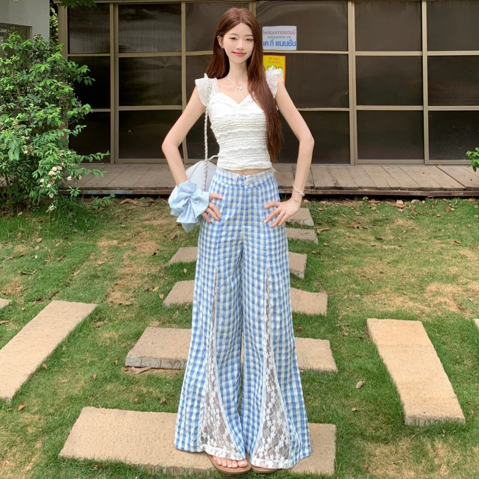 2025新款法式绝美气质修身辣妹吊带蕾丝格子阔腿裤两件套装A1292
