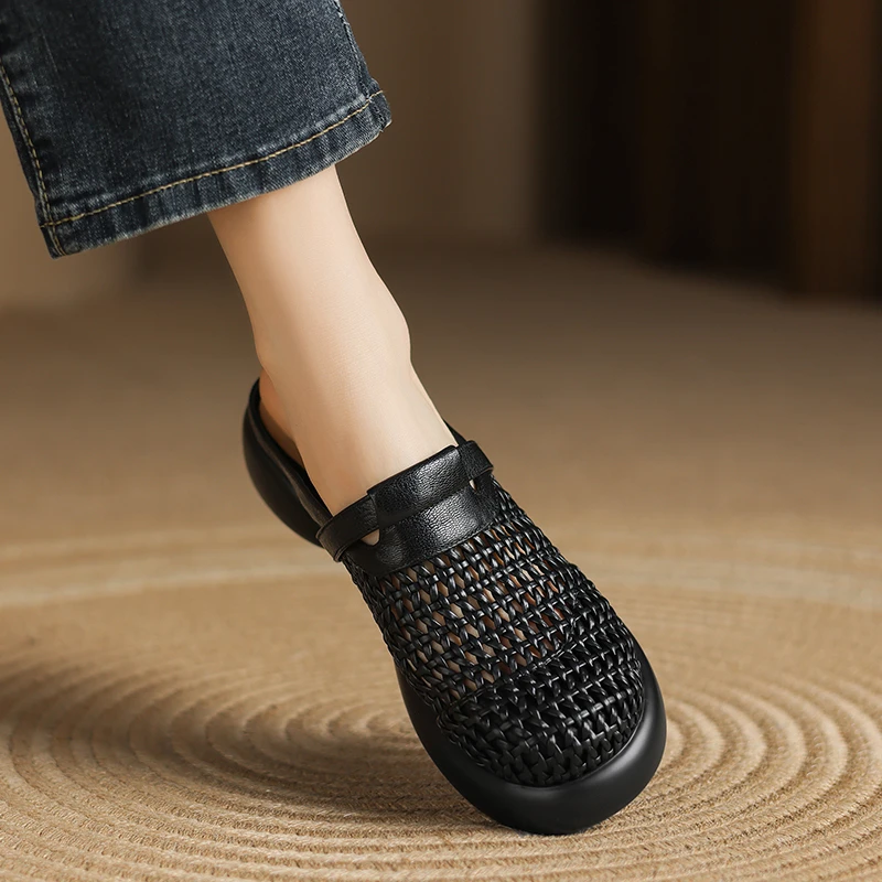 4cm~夏季拖鞋女夏外穿厚底包头半拖鞋编织镂空度假凉拖鞋穆勒鞋女