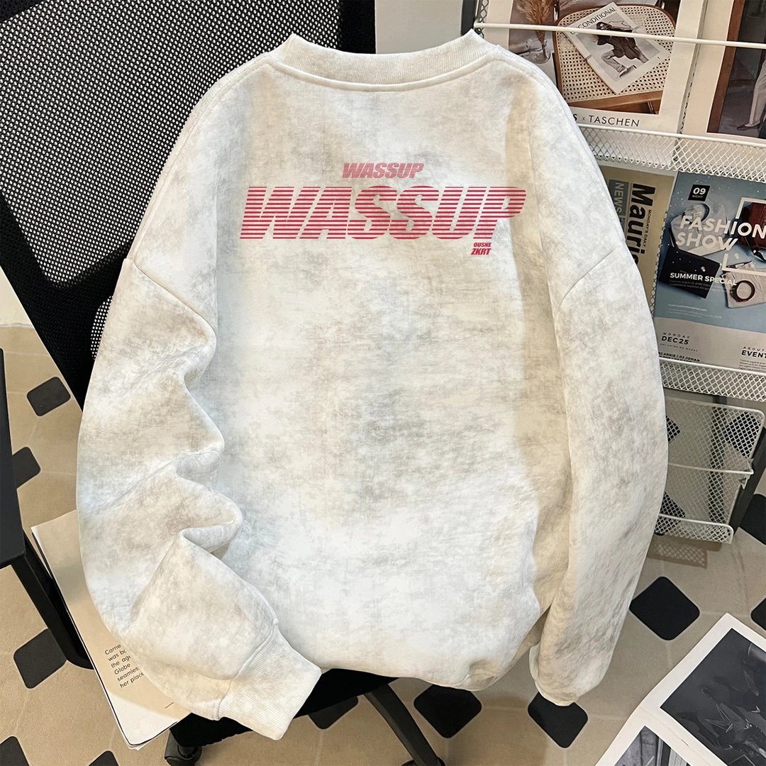 WASSUP UOSNE美式复古字母印花圆领卫衣男秋季高级感重磅潮牌上衣