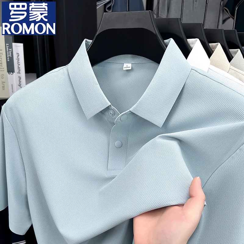 罗蒙冰丝短袖polo衫男夏季薄款中年翻领t恤男免烫弹力半袖高级感