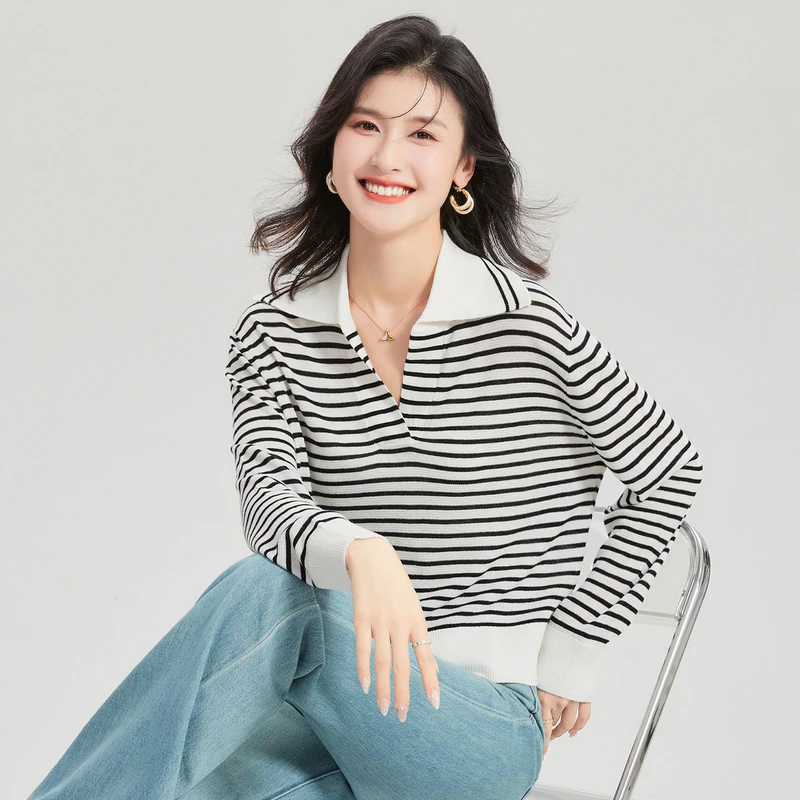 【含绵羊毛桑蚕丝毛衣】春季新款V字翻领条纹提花上衣女式针织衫
