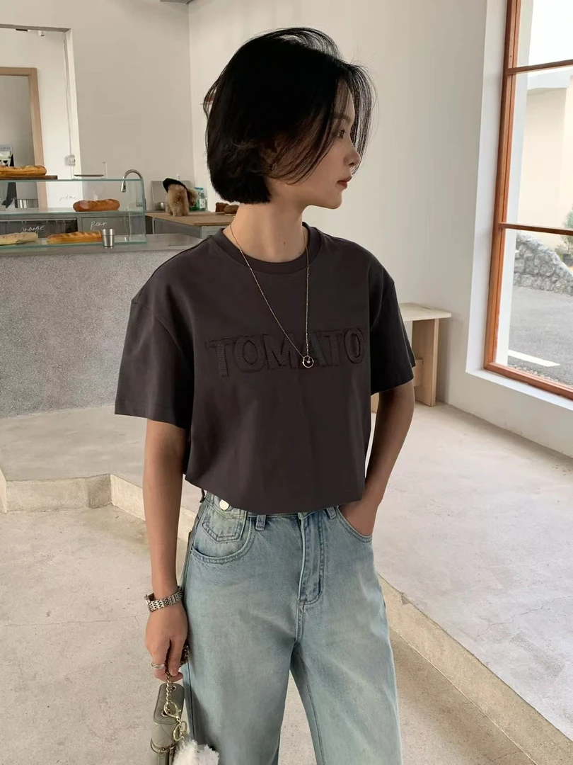 Pada.嘻&HZH【极简T恤】简约休闲 贴绣字母百搭T恤 16177Hi Fortune