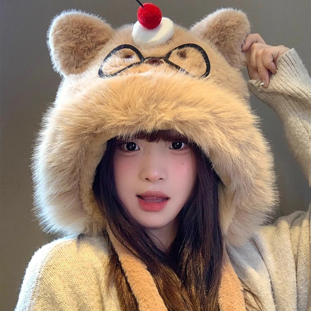 可爱蛋糕眼镜小熊毛绒帽子女秋冬加绒加厚保暖骑车防寒护耳雷锋帽