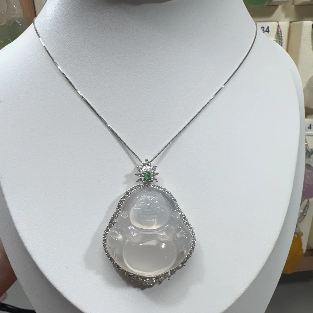 春日珠宝玛瑙玉髓玉坠s925银镶嵌双面佛公+s925银链玉髓吊坠