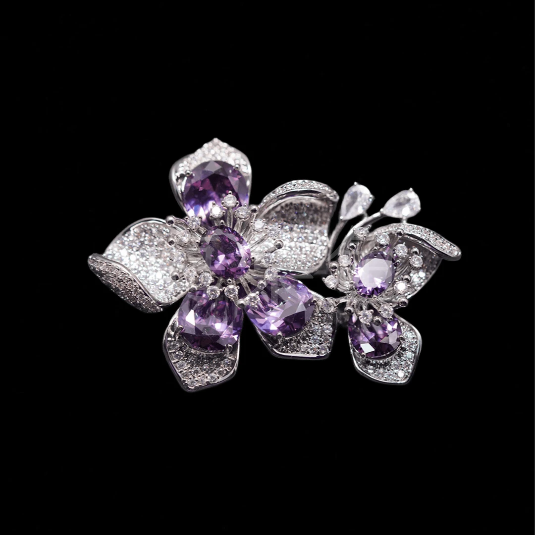 铜合金合成锆石胸针 时尚气质百搭密镶紫色双花胸针5214