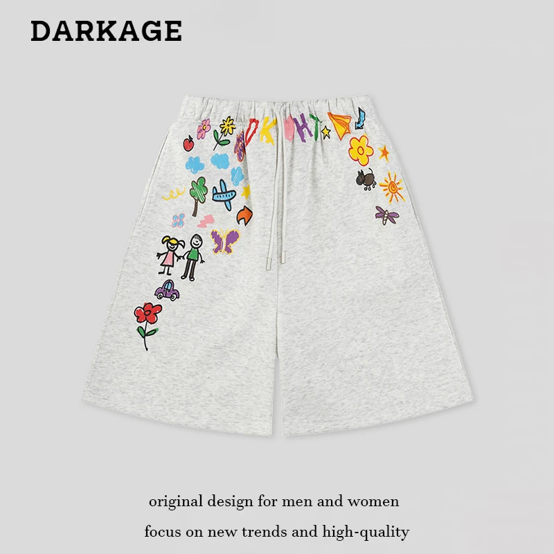 2025新款美式涂鸦彩色字母印花运动短裤夏季男女宽松休闲五分裤