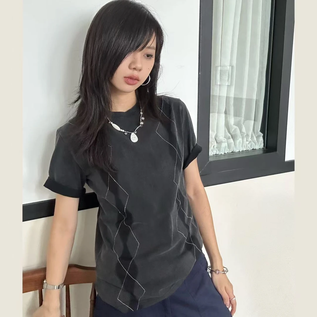 "现现西多士"|虎皮卷水洗棉质刺绣正肩几何菱格短袖上衣#S25537