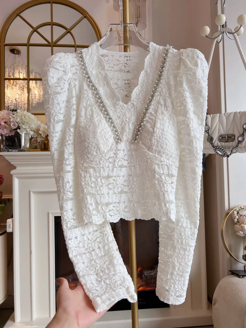 珍珠重工性感蕾丝上衣 带胸垫 带垫肩