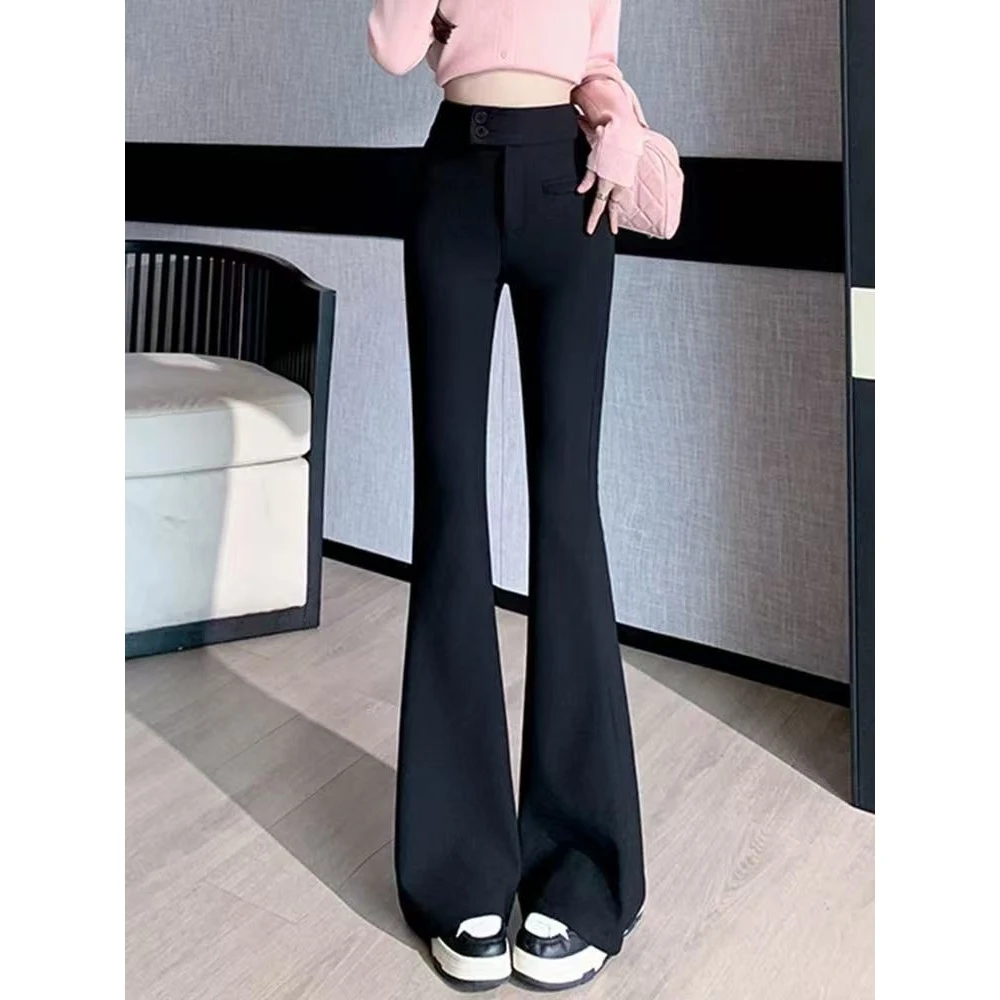 【秀宝女装】设计款高腰垂感喇叭弹力小黑裤XB5014