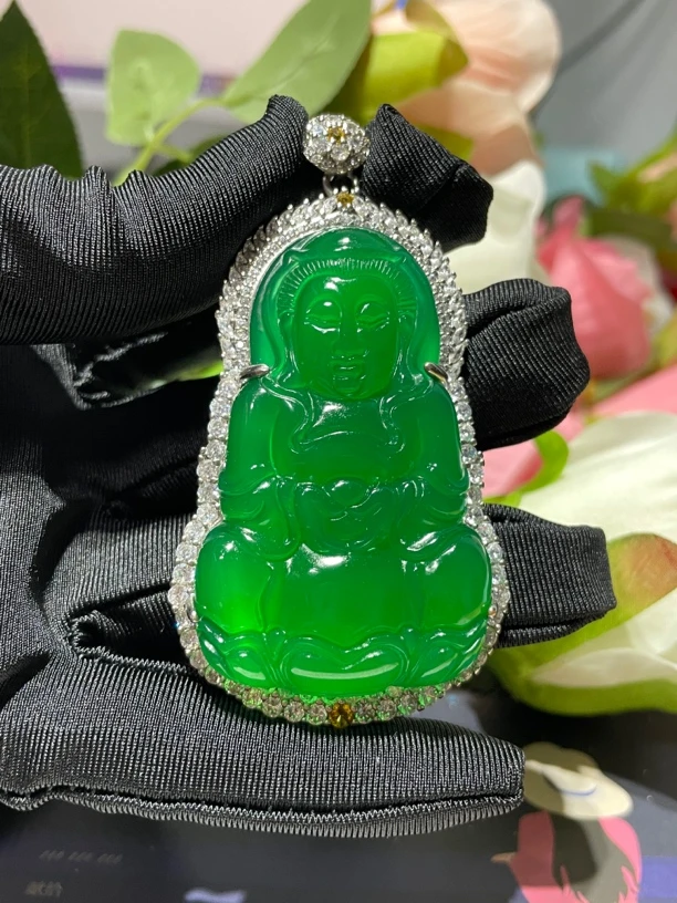 天然冰透臻品珍藏满绿冰阳绿玉髓大观音吊坠—男女同款（赠高货绳）