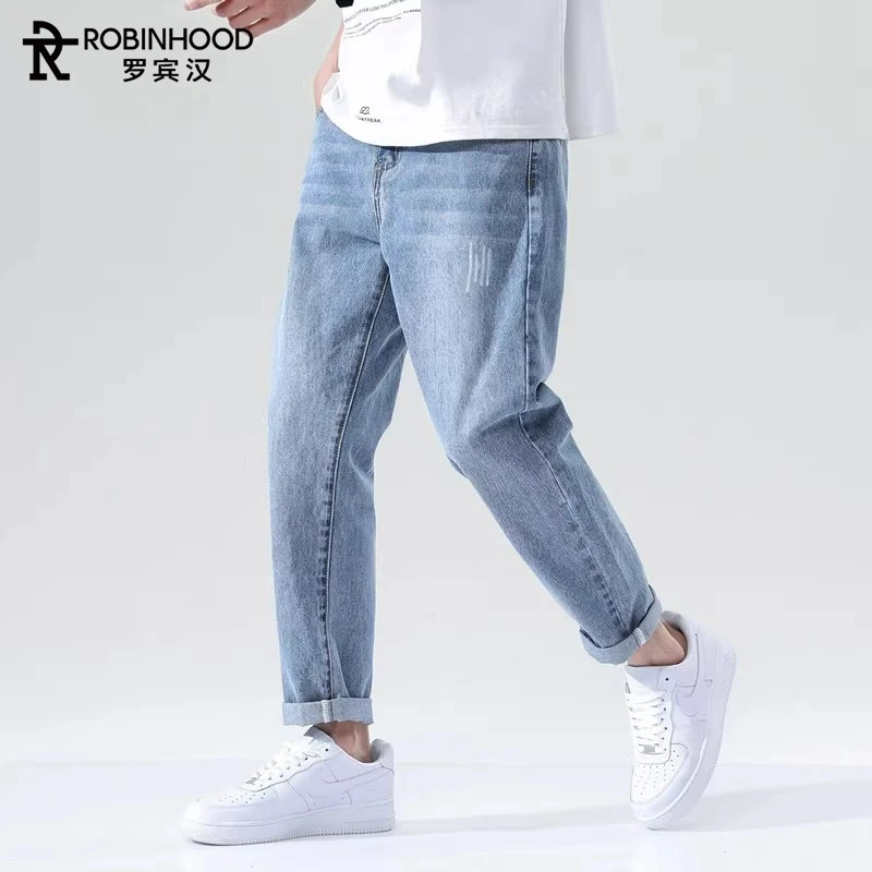 罗宾汉浅蓝牛仔裤男士宽松直筒裤子九分美式潮牌男裤夏季薄款水洗