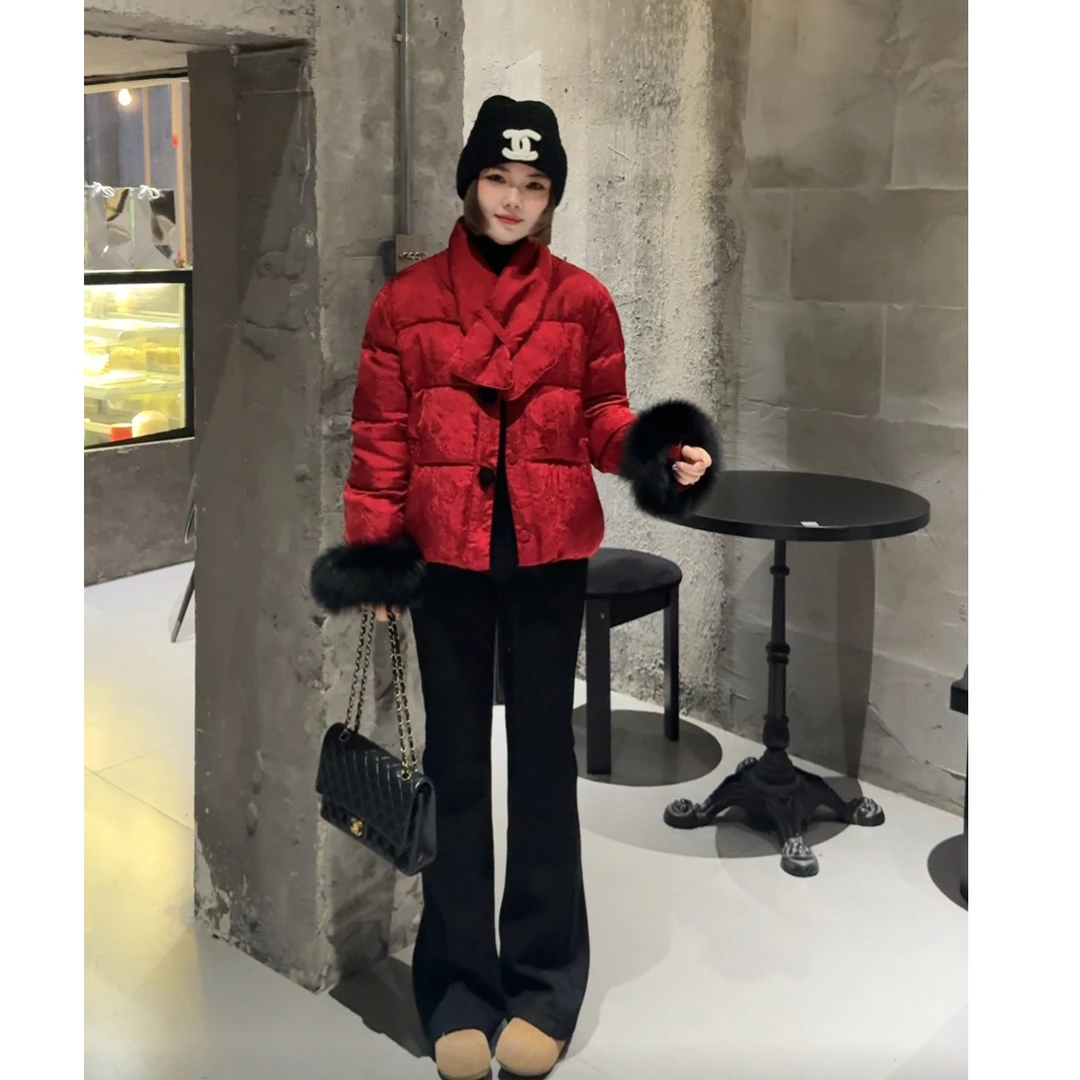 MY【东方绮梦】新国标90白鸭绒冬季新款新中式提花袖口狐狸毛羽绒服