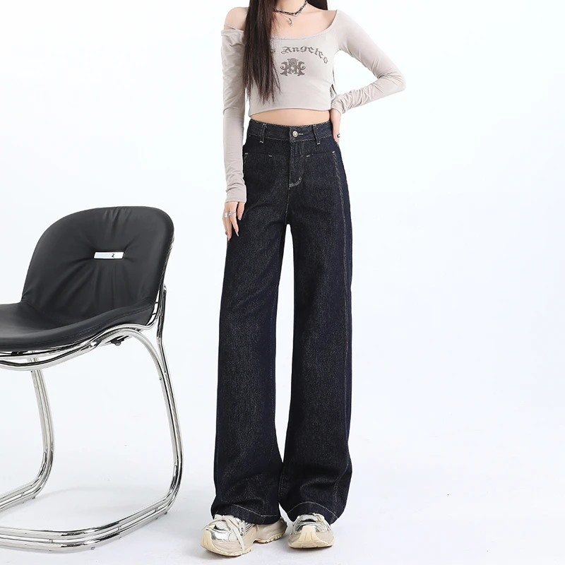 丹宁蓝小众防褪色阔腿牛仔裤女2025春季新款高腰宽松显瘦直筒裤子