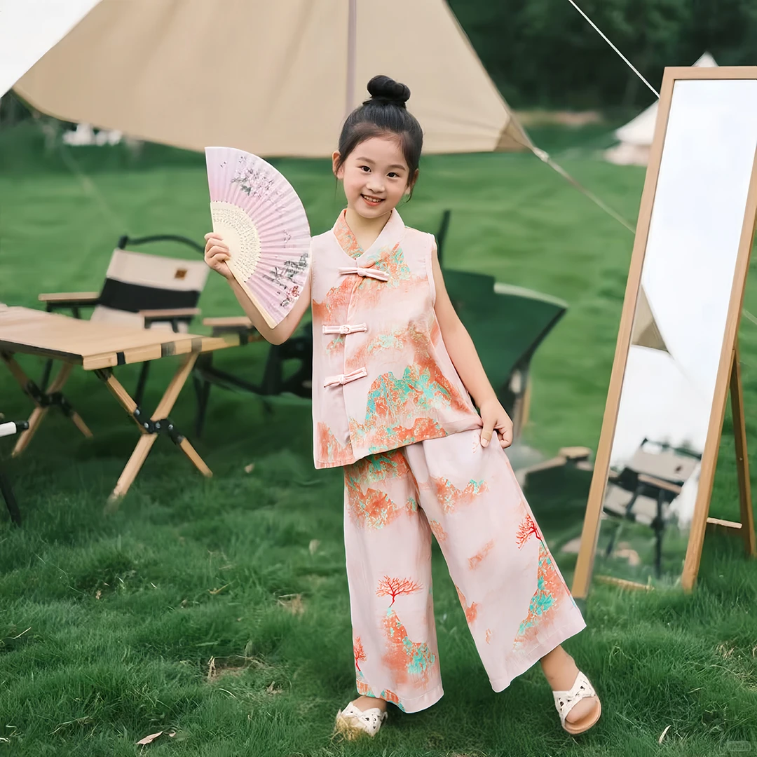 薄款中国风女套头碎花夏季套装中国风汉服童装古风系列公主