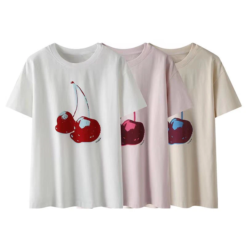 C38夏装新品韩版休闲百搭樱桃印花宽松圆领短袖T恤纯棉套头上衣