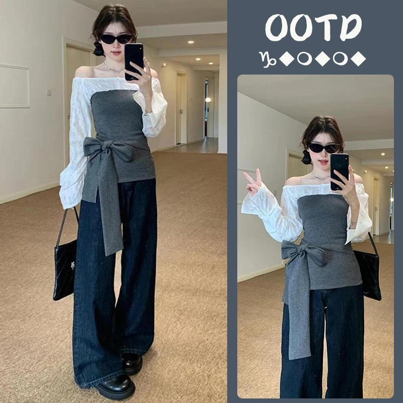 套装女装爆款2025新款春季设计感一字肩气质上衣宽松牛仔裤两件套