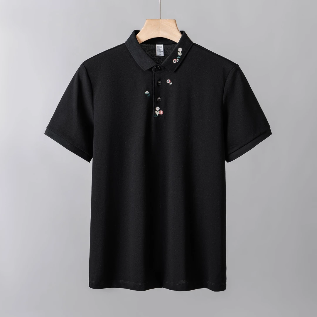 夏季新款领口花卉刺绣POLO衫休闲百搭透气翻领短袖男修身上衣