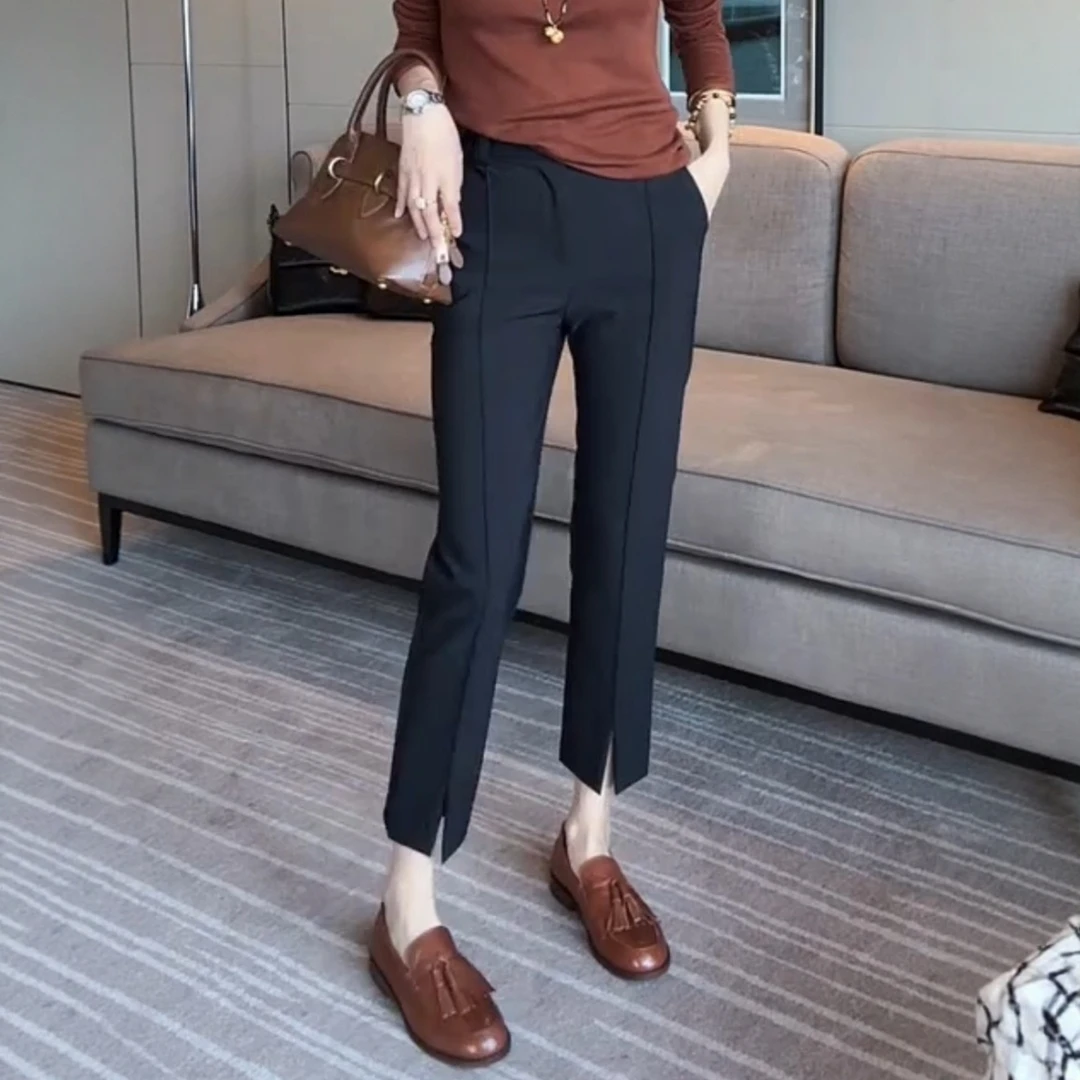 2025年新款大码女装立体剪裁秋季开叉九分休闲裤黑色高腰铅笔裤子