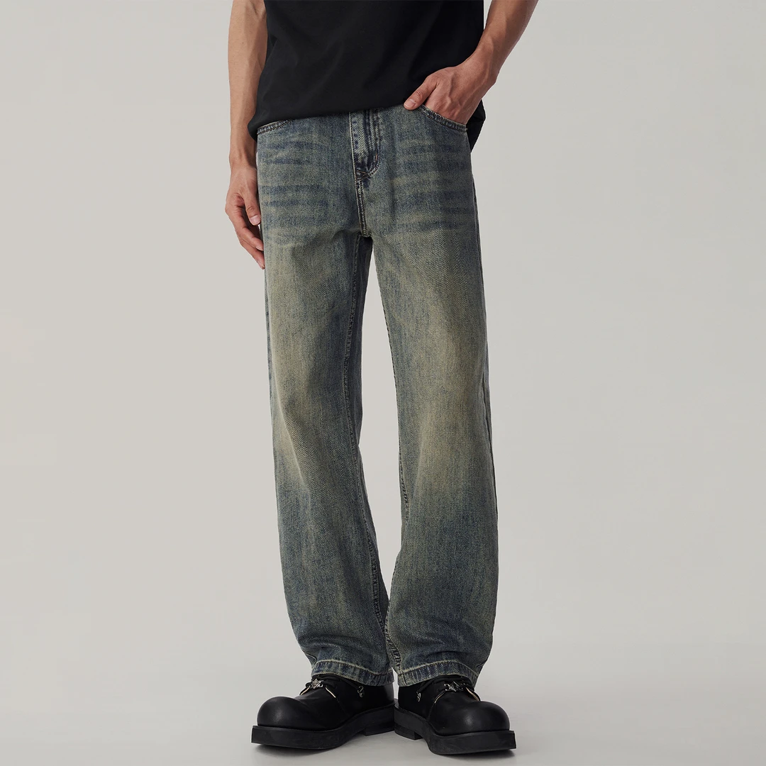 2025春季美式高街潮牌水洗阔腿牛仔裤男士宽松直筒复古休闲男裤子