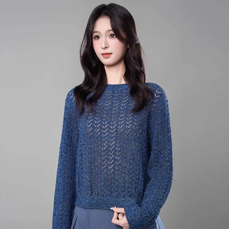 【商场同款】镂空针织衫早春新款休闲气质女士圆领套头毛衣5399693