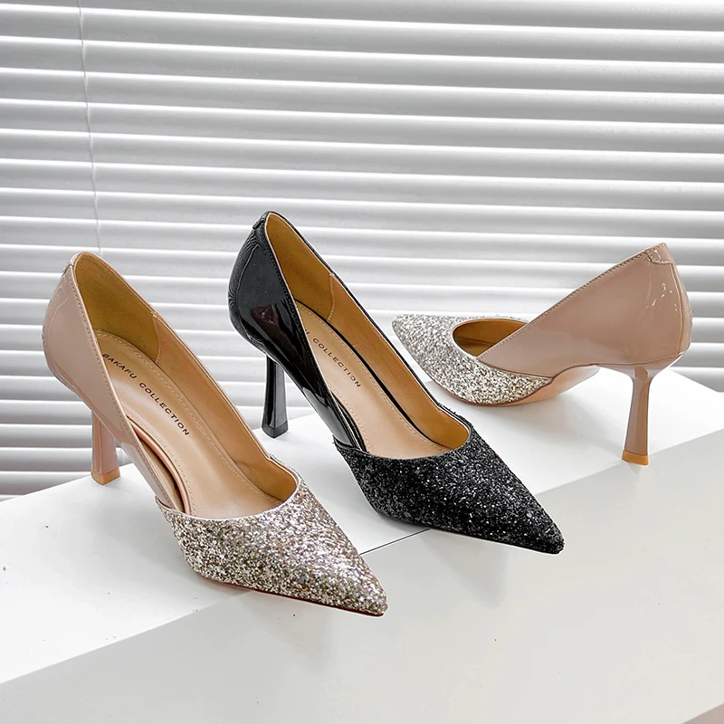 羊皮裸色高跟鞋女2025年新款漆皮拼接格利特细跟浅口尖头真皮单鞋