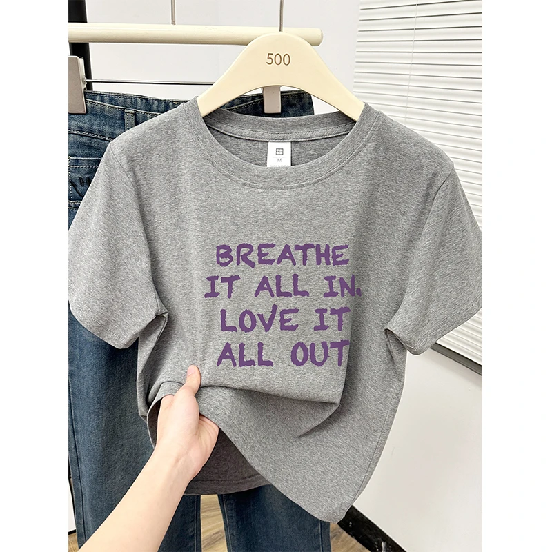 灰色字母印花圆领正肩短袖T恤女夏装显瘦百搭胖mm大码短袖女t恤