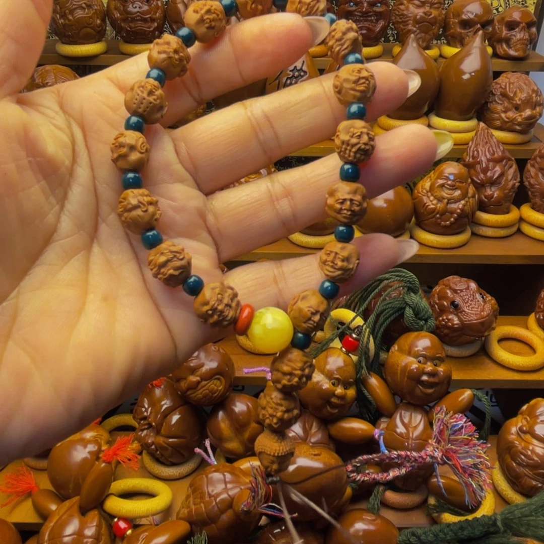 吊坠橄榄核龙纹桃核手串 36 传配好的蓝色