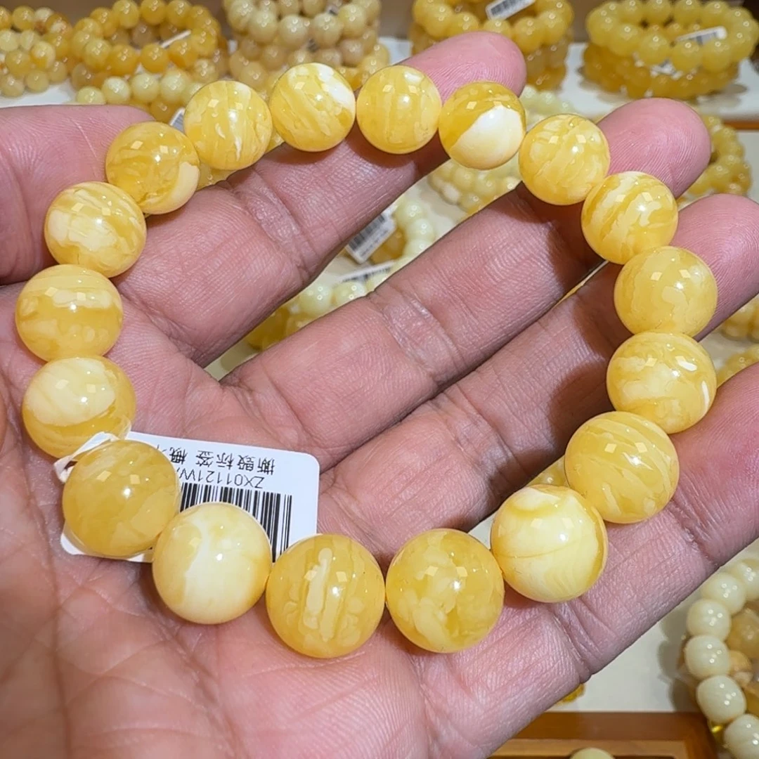 琥珀未镶嵌珠宝奇石12m焦皮同料橘黄花蜡圆珠串17.1克