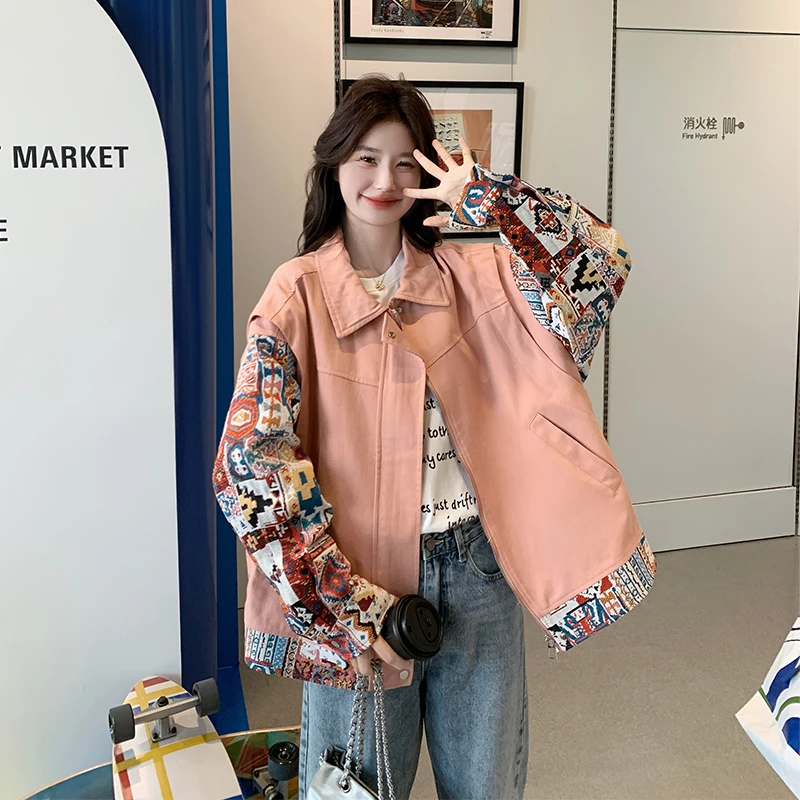 粉色碎花拼接工装外套女春季2025新款独特超好看爆款韩系短款夹克