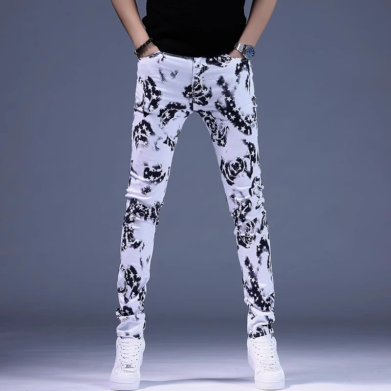 臣吾高端男白色印花牛仔裤2025新款潮牌裤子弹力修身花色流行长裤