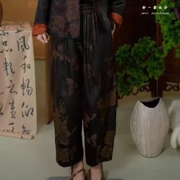 静一 湖丝龙贡缎 1160256 双面穿新中式休闲复古花苞裤 L 91