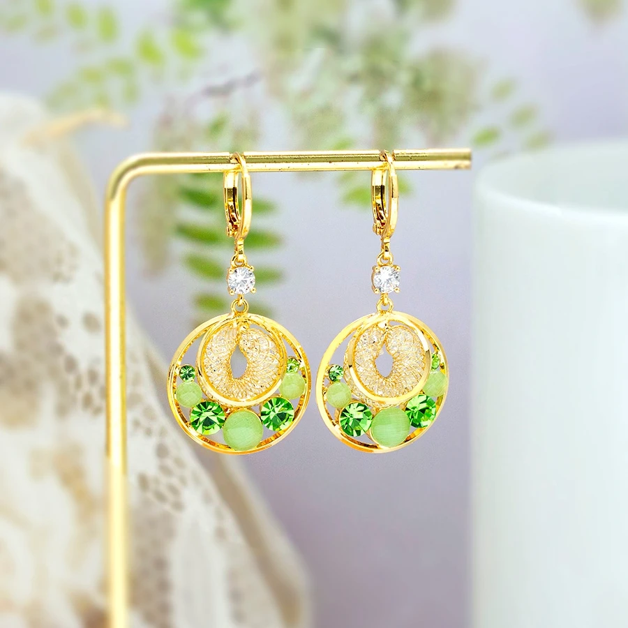 铜合金合成锆石耳饰 绿色拼色满钻耳环轻奢复古女士时尚耳坠1091