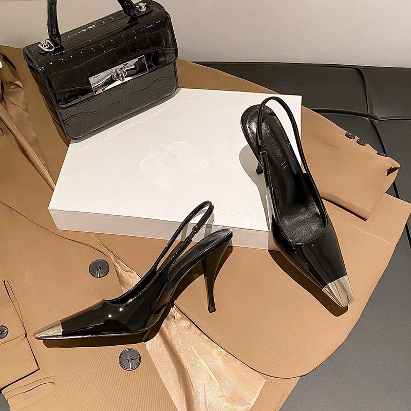 成都高跟鞋女2025年新款朴彩英同款金属方头细跟黑色凉鞋御姐单鞋
