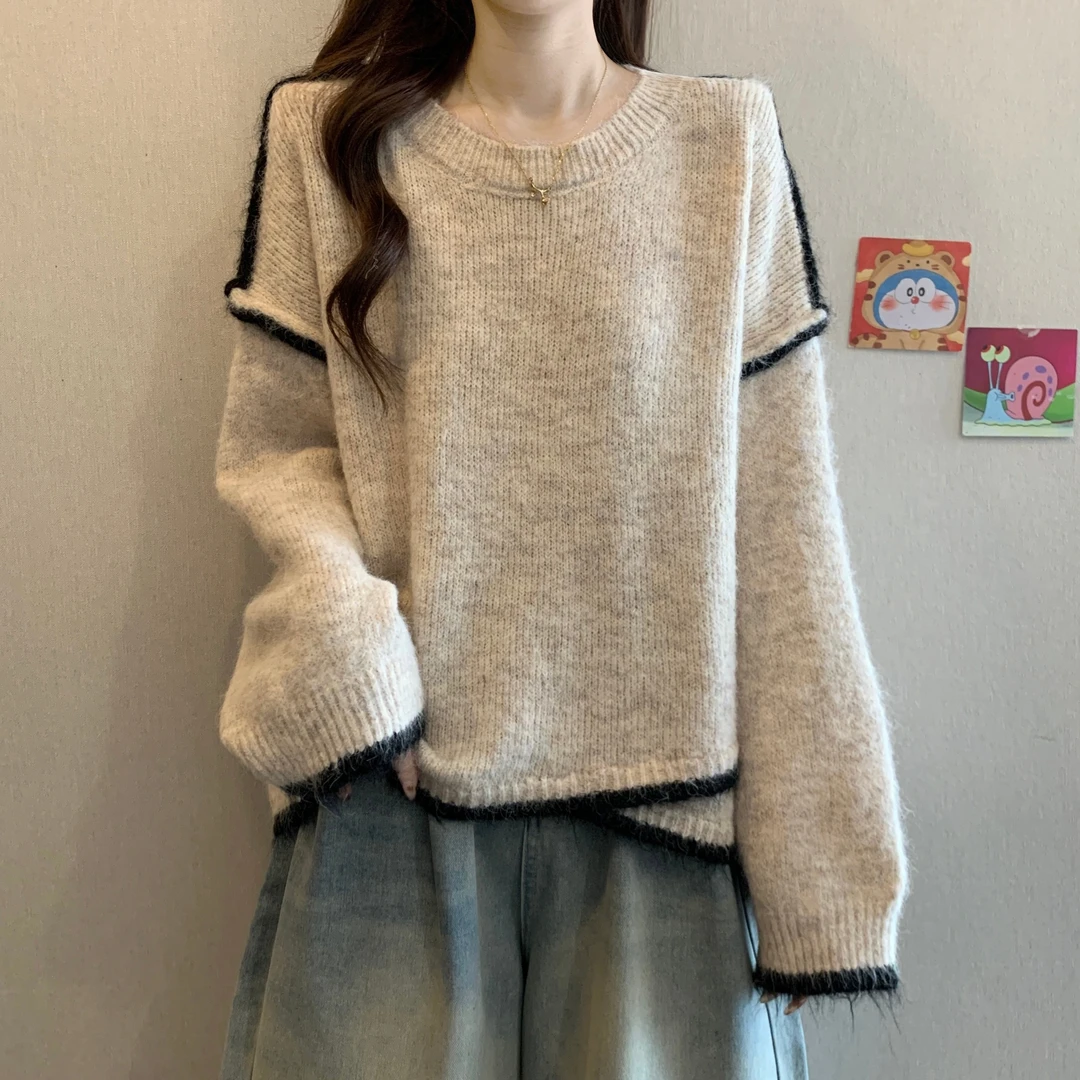 宽松慵懒灰色毛衣女装秋冬2025新款大码胖mm高级不规则针织衫上衣