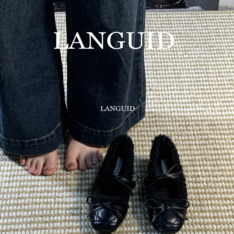 LANGUID 黑色真皮加绒方头玛丽珍鞋女平底蝴蝶结单鞋百搭芭蕾舞鞋