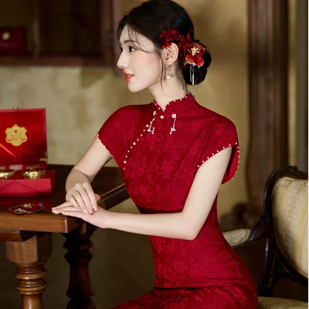 酒红色新款敬酒服新娘订婚礼服裙结婚衣服夏季新中式回门