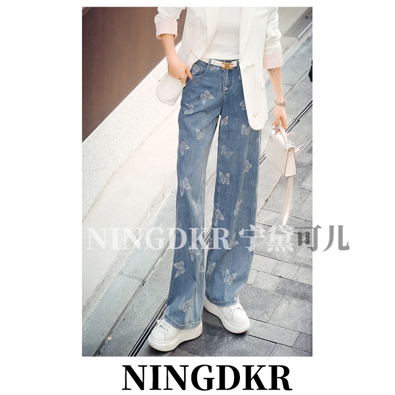 宁A30423设计感气质显瘦薄款蝴蝶印花牛仔裤女高腰垂感复古直筒裤