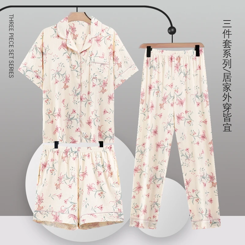 【带胸垫】女士新款翻领短袖三件套多巴胺家居服套装EB409