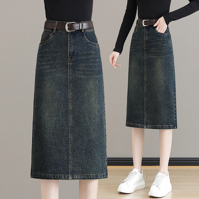 复古蓝牛仔半身裙女2025年春秋季新款高腰中长款a字一步包臀裙子