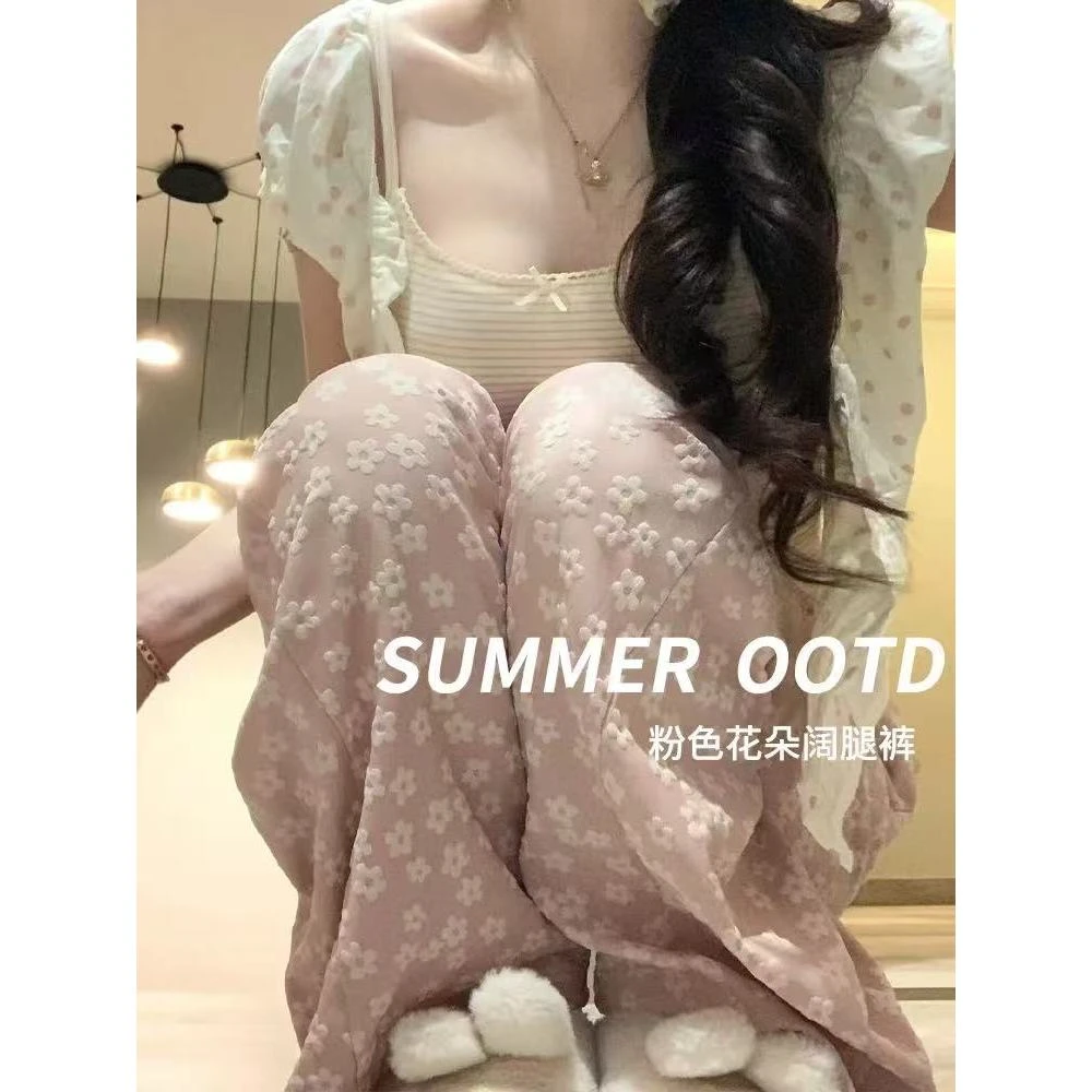 花朵碎花白色阔腿裤春夏季2025新款高腰垂感休闲小个子冰丝山本裤