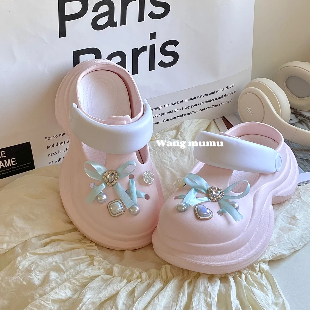 新款芭蕾风洞洞鞋女可爱少女心厚底增高EVA踩屎感学生外穿凉鞋