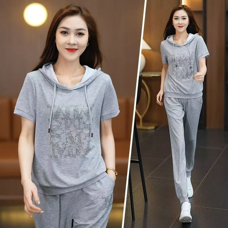 200斤微胖mm休闲套装女士大码夏季薄款宽松显瘦洋气运动服两件套