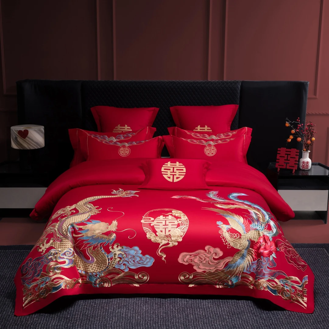 南通家纺适用中式龙凤刺绣全棉婚庆四件套纯棉大红结婚喜被套床品