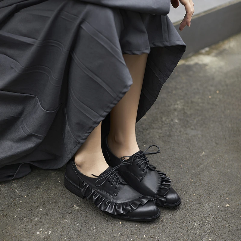 牛皮3.5公分/时尚小众荷叶边系带单鞋女春季百搭复古英伦风小皮鞋