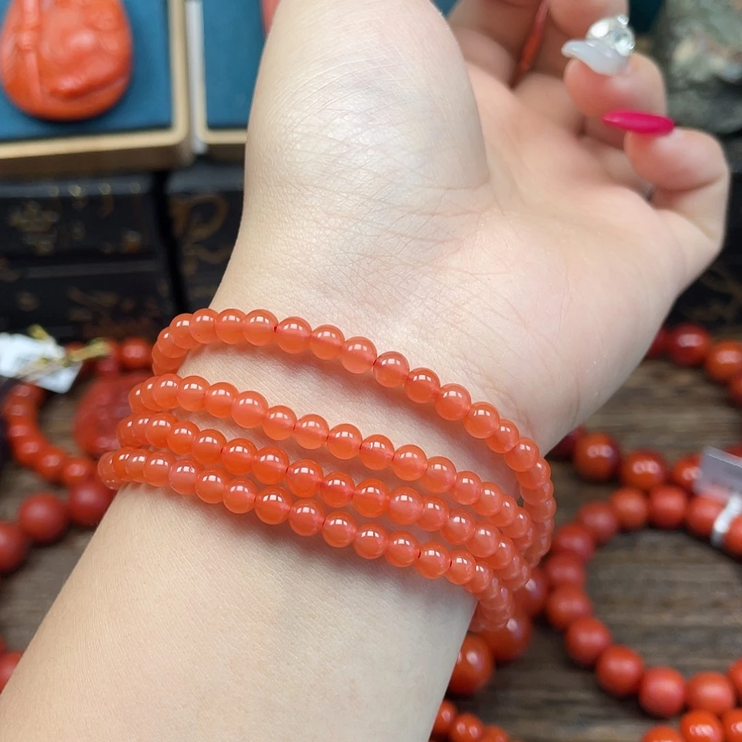 南红玛瑙未镶嵌手串福利 保山杨柳乡樱桃红卡4mm+佛珠
